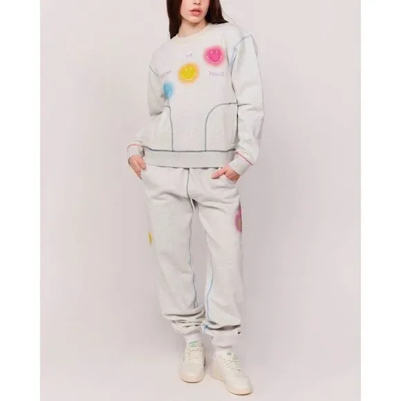 By Samii Ryan Smiley Rainbow Sweatpants Women's Small Gray Elastic Waist Printed