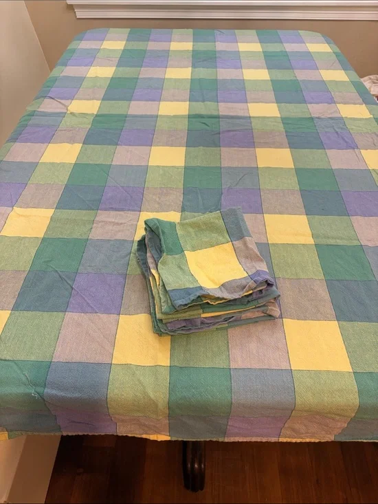 Cotton Plaid Tablecloth and Napkins Set in Pastel Yellow, Green & Blue