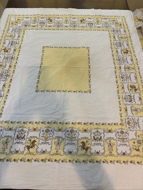 Vintage Yellow and White Printed Tablecloth - Decorative Home Dining Linen