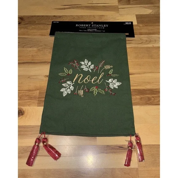 Robert Stanley Home Collection Green Table Runner Embroidery Tassels 72