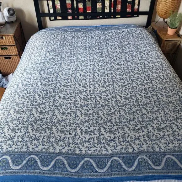 Vintage India Arts Cotton Tablecloth 67x73 Blue White Floral Powerloom India