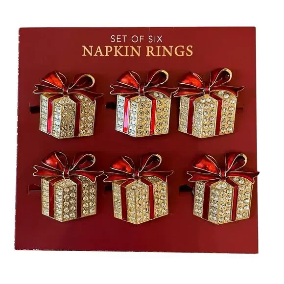 Envogue Rhinestone CHRISTMAS Present Napkin Rings Set of 6 Holiday Red Gold New