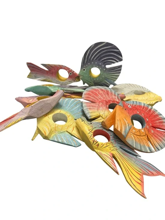 Set of 10 Hand Painted Fish Napkin Rings Holders Wooden Tropical Hawaiian Cabin