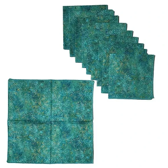 Set of 10 Cloth Napkins Shimmer Teal Gold Fabric Pebbles Pattern 13.5x13.5 NWOT