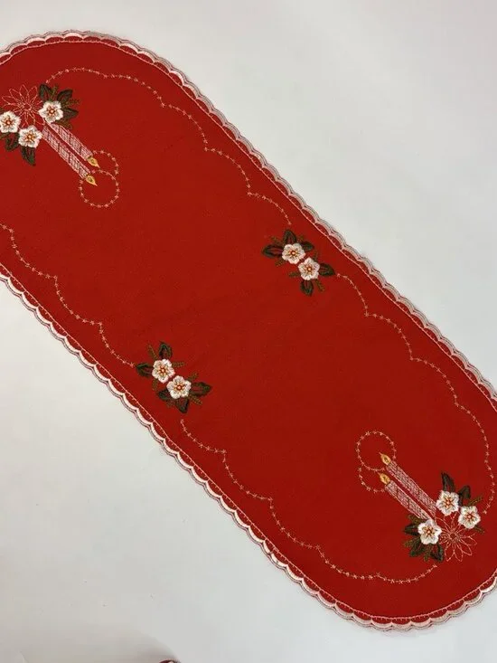 VTG W Germany Red Christmas Table Runner Embroidered Floral Candles Centerpiece