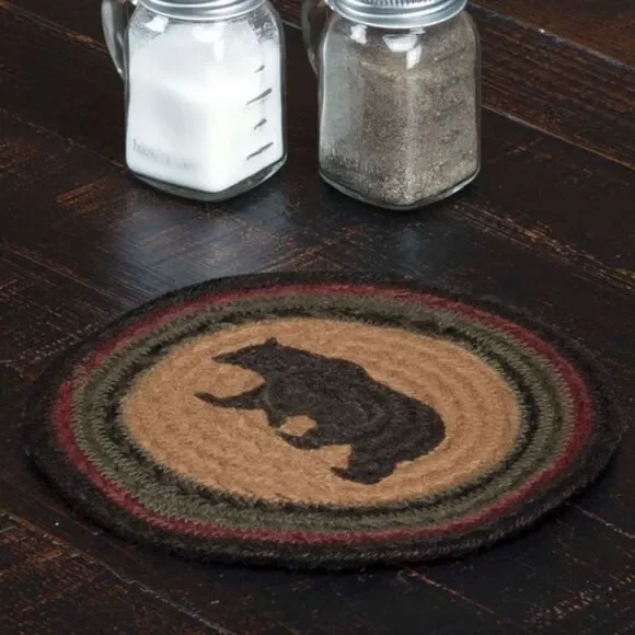 Black Bear Jute Braided Stenciled Round 8 Inch Table Trivet Lodge Cabin Rustic
