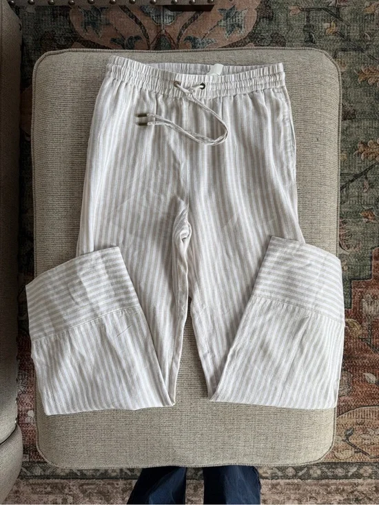 Beige Stripe Linen Blend Drawstring Lounge Pants Size M