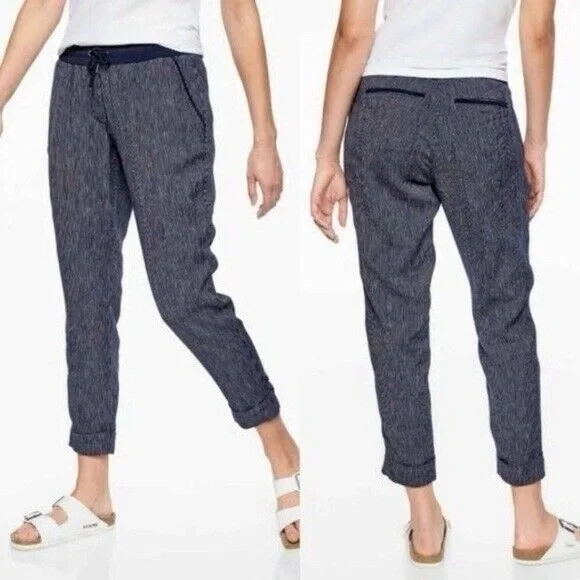 Athleta Stripe Bali‎ Linen Ankle Pants Navy Blue Stripe Size 4