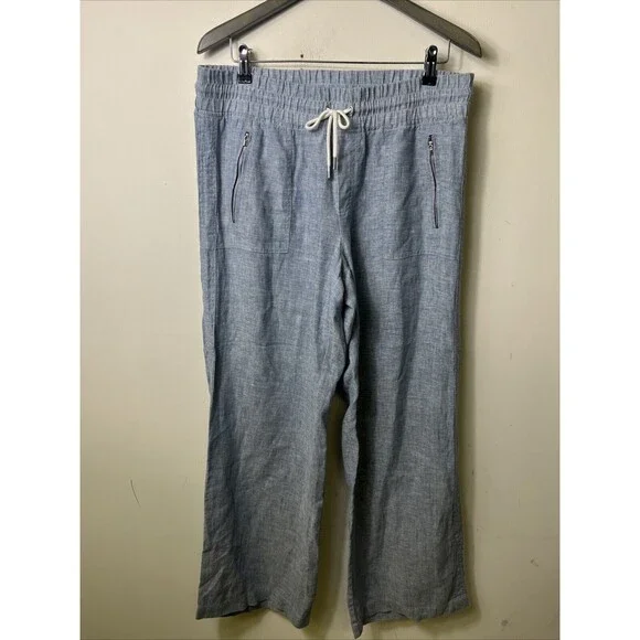 Athleta Cabo Linen Wide Leg Drawstring Pants in Blue