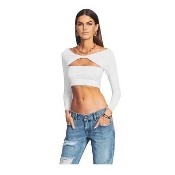 SER.O.YA Ellis Top White Soft‎ Jersey Long Sleeve Cropped Twist Cutout XS