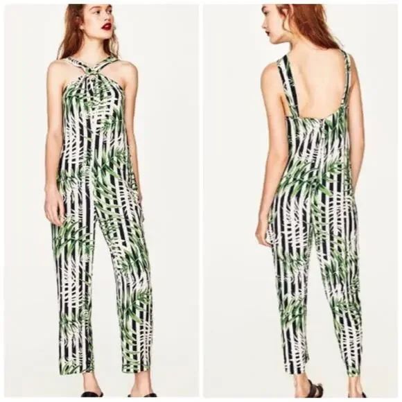 🆕 Zara Women's Tropical Leaf Striped Halter D Ring‎ Jumpsuit Size Medium