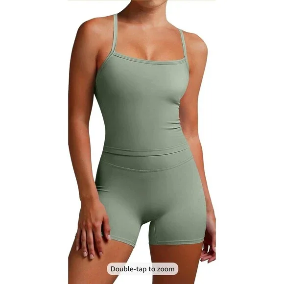 CREAM Women Workout Set Built in Bra 2Pc Outfit Tank Top Tummy Control Short B23