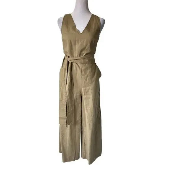 J.Crew Cropped Wide-Leg Jumpsuit Linen-Cotton Blend Belted Utility Style size 00