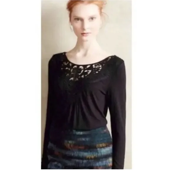 Anthropologie Meadow Rue Bobbin Crochet Lace Long Sleeve‎ Black Top Size Small