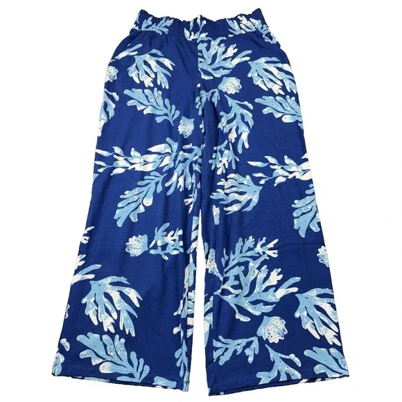 D&Co. BEACH Pants Women S Blue Tropical Floral Boho Beachy Coastal Summer Lounge