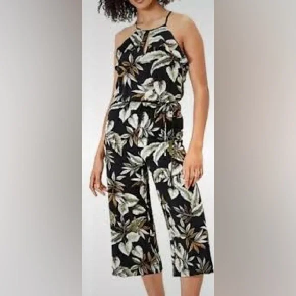 Oasis Jumpsuit Women Palm Print Black‎ Floral Wide Leg Vacay Preppy Halter Top