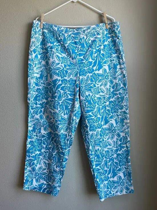 Talbots Chatham Sky Blue Floral Palm Stretch Ankle Pants Size 16 XL