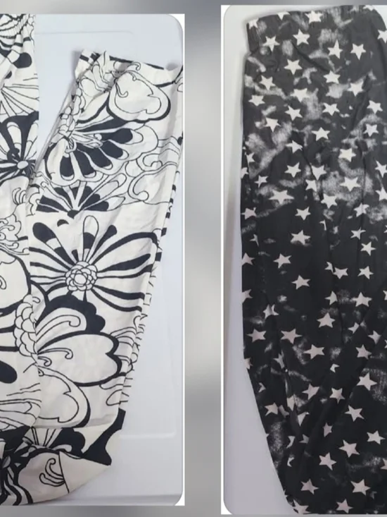 Y2K Black & White Patterned Leggings Duo - Floral and Star Prints