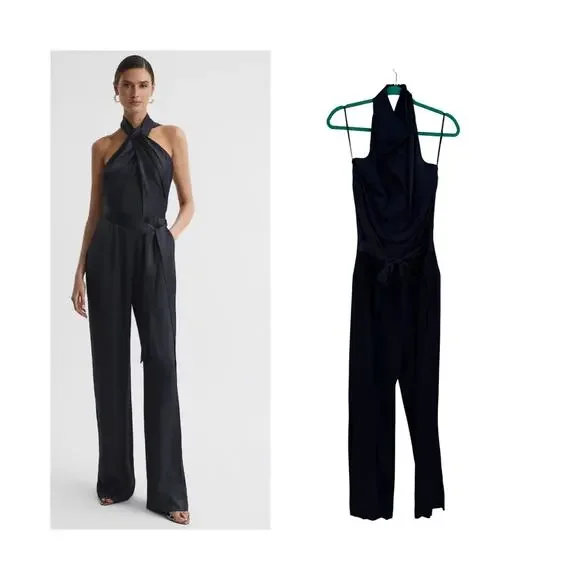 Reiss Corina Halter Neck Wide Leg Jumpsuit Night Navy Tie Waist US 10