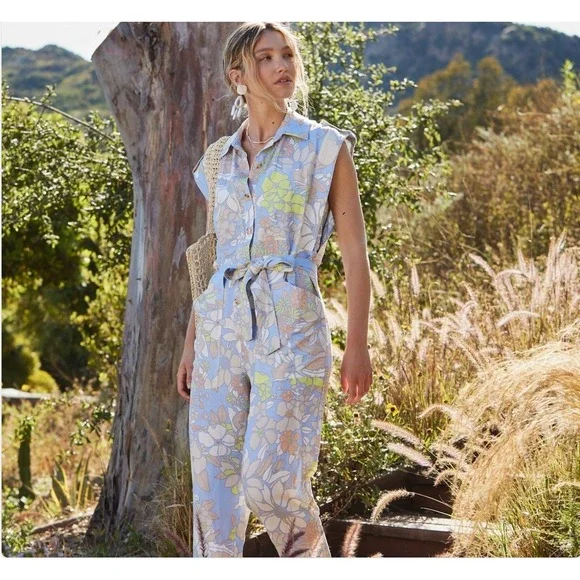Current Air Floral Print Linen Blend Utility‎ Jumpsuit Size M Blue Yellow Belt