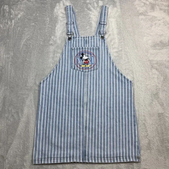 Disney Mickey Mouse Overall Skirt Women Large Denim Bib Blue White Stripe