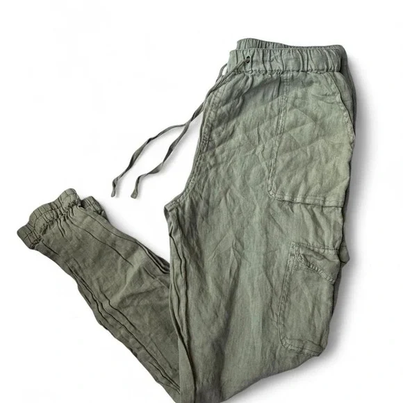 Nicole Miller 100% Linen Cargo Jogger Pants Sage Green Boho Coastal Medium