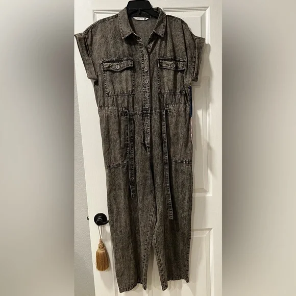NWT G. Kale Women PXL Faded Black Denim Button-Down Jumpsuit 100% Cotton Pockets