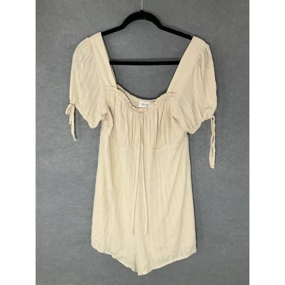 Le Lis Romper Womens Medium Beige Lined‎ Smocked Gauzy Milkmaid Boho Peasant