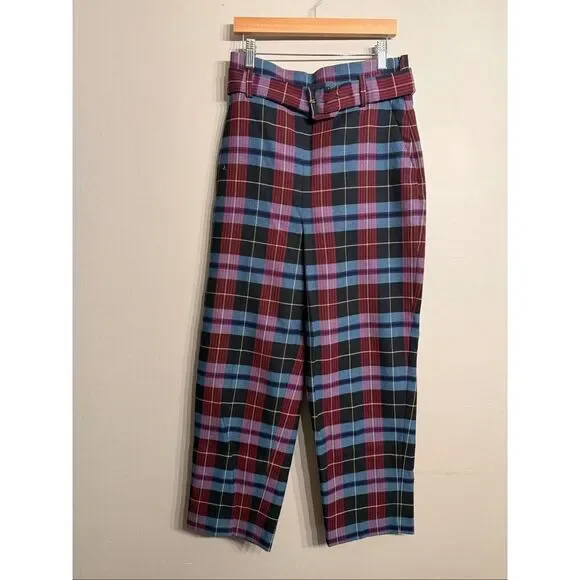 Zara Black Maroon High-Rise Belted Plaid Ankle Grazer Crop Trousers Pants Medium