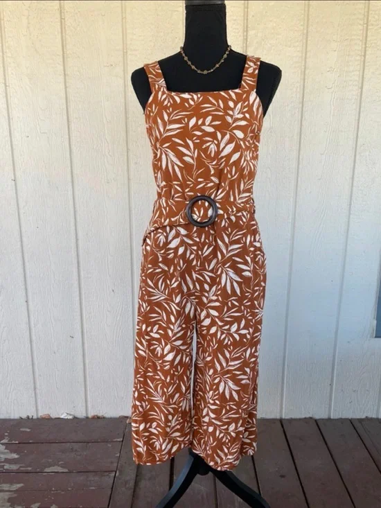 Monteau Rust Leaf-Print Wide-Leg Jumpsuit with Belted Waist