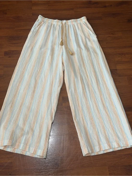 For Cynthia Palazzo Beach Pants Womens Sz L Linen Blend Wide Leg Cream Stripped