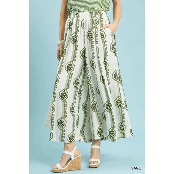 Umgee Geometric Boho Print Wide Leg Pants -‎ Medium