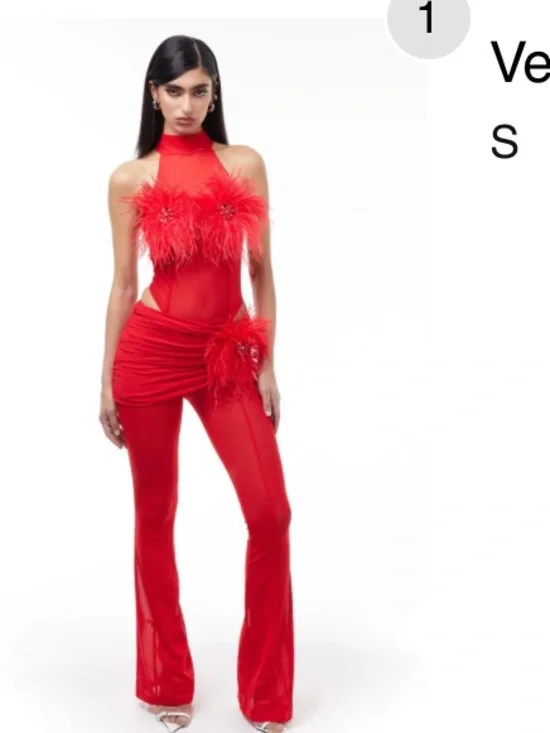 Red Feather-Trim High-Neck Flare Jumpsuit