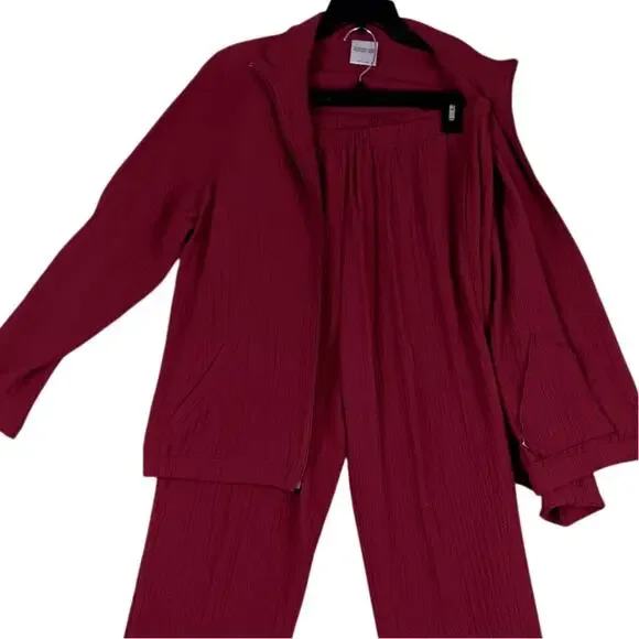 Bedford Fair Vintage Track Suit Set Womens Large Maroon Crepe Fabric Fall Casual