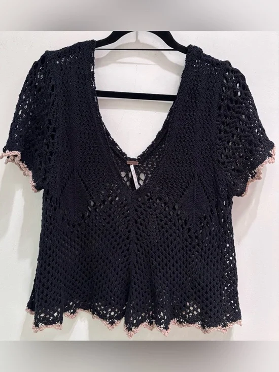 Free People Black Crochet V-Neck Crop Top with Ruffle Trim