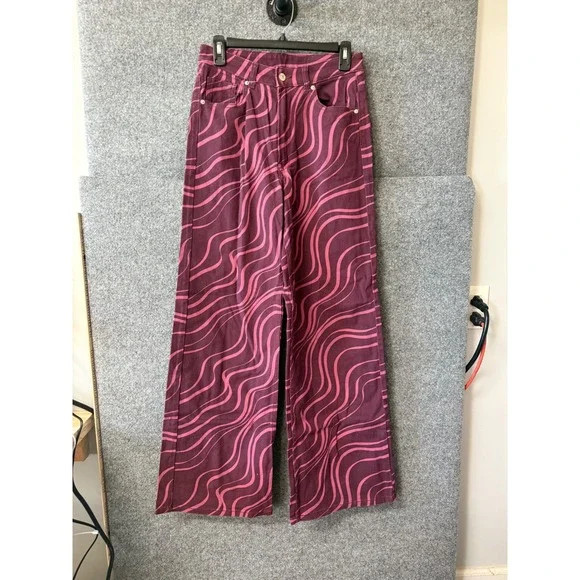 H&M Divided Womens Wide Leg Pants Burgundy Pink‎ Wavy Psychedelic Print Size 6