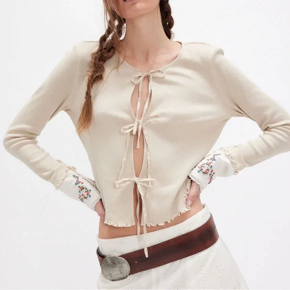 Free People Dipped in Tie-Front Long Sleeve Top with Embroidered Cuffs NWOT