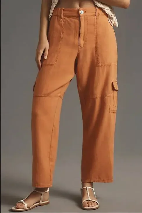 ANTHROPOLOGIE Pilcro Slim Linen Beach Cargo Pants in Orange // 31T