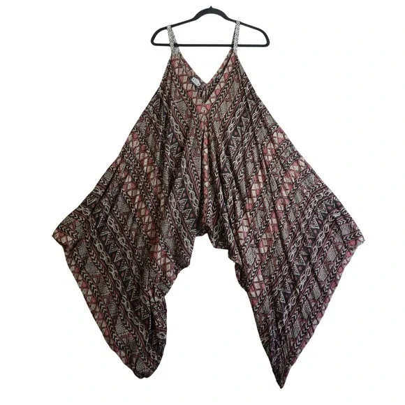 Vintage 90s Angie Harem Jumpsuit Womens S Black Geometric Beachy Boho Romper