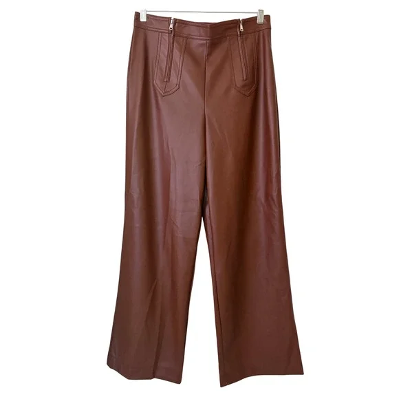 7 For All Mankind Cognac Brown Faux Leather Wide Leg Pants Women's 6 Trousers