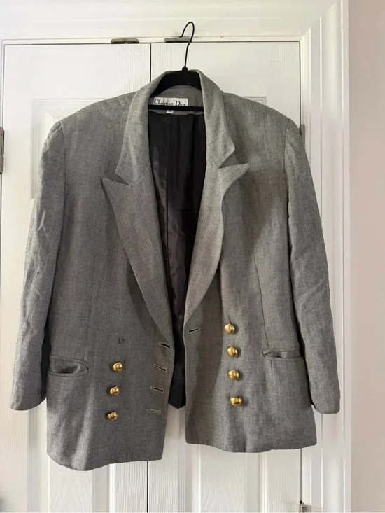 Vintage Dior Gray Double-Breasted Blazer with Gold Buttons