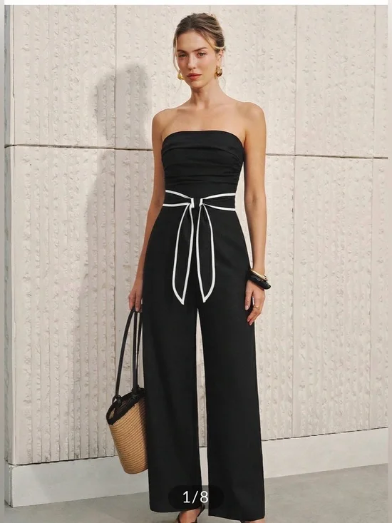 Commense Linen Blend  Strapless tie waist wide leg Jumpsuit