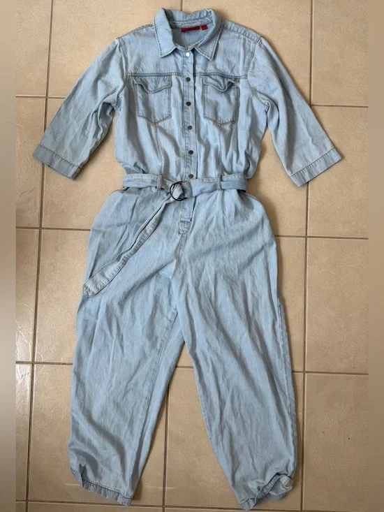 Jennifer Lopez JLo Denim Jumpsuit XL Light Wash Cotton Snap Button Elastic Waist
