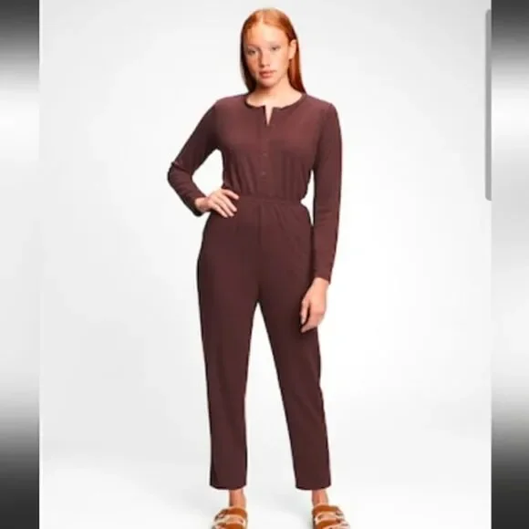 GAP Henley Jumpsuit Soft Knit Cropped Eggplant Purple Sz XS NWT