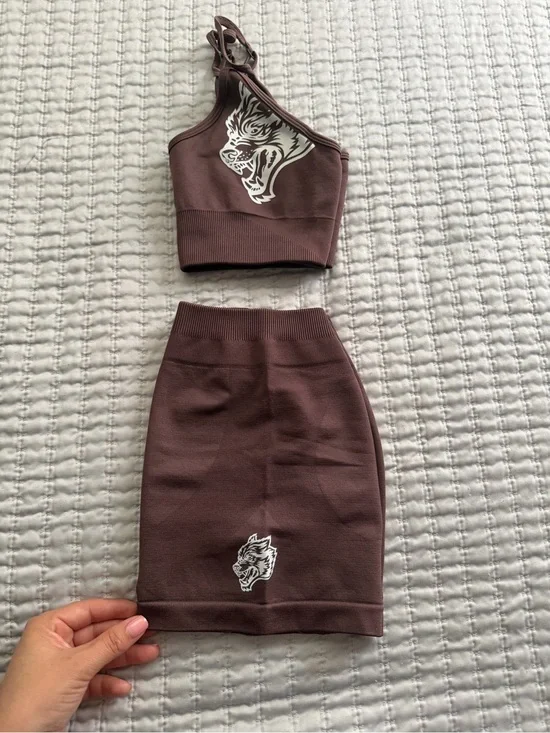 Darc Sport Brown Ribbed Pencil Skirt & Asymmetrical Crop Top Set with White Wolf