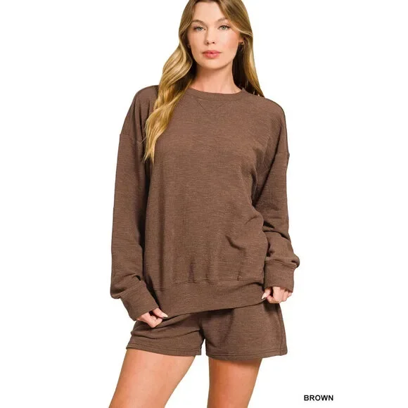 Zenana Slub Long Sleeve Top and Shorts Set