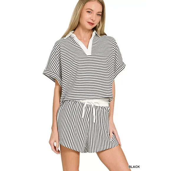 Zenana Striped Collared Top & Shorts Set