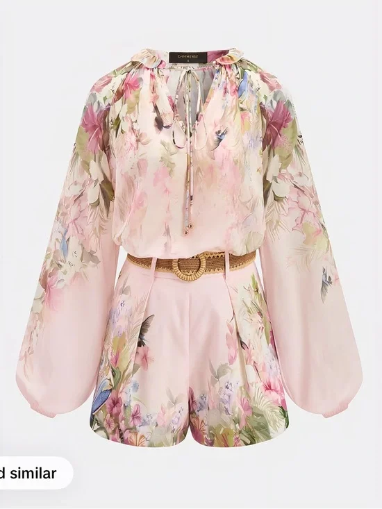 Floral Pink Blouse & Belted Short Set