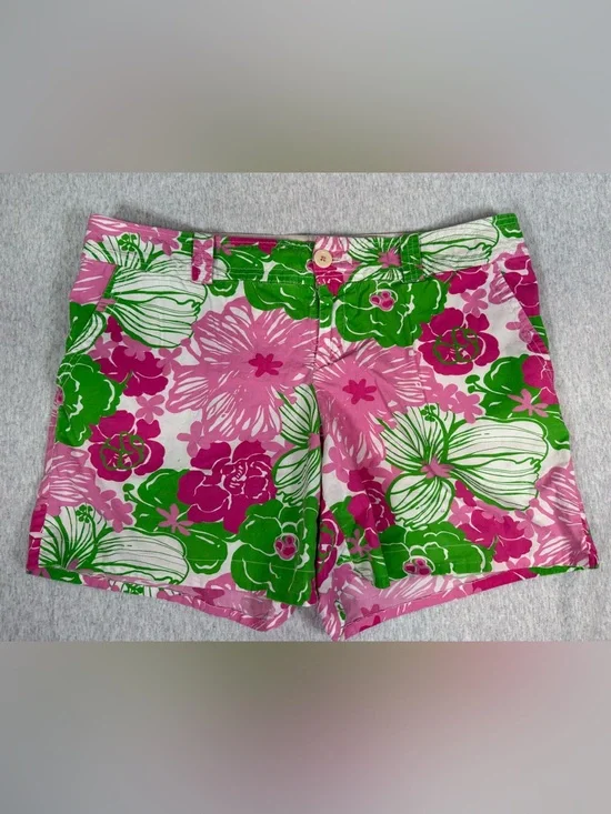 Lilly Pulitzer Floral Chino Shorts Pink Green Hibiscus - 14