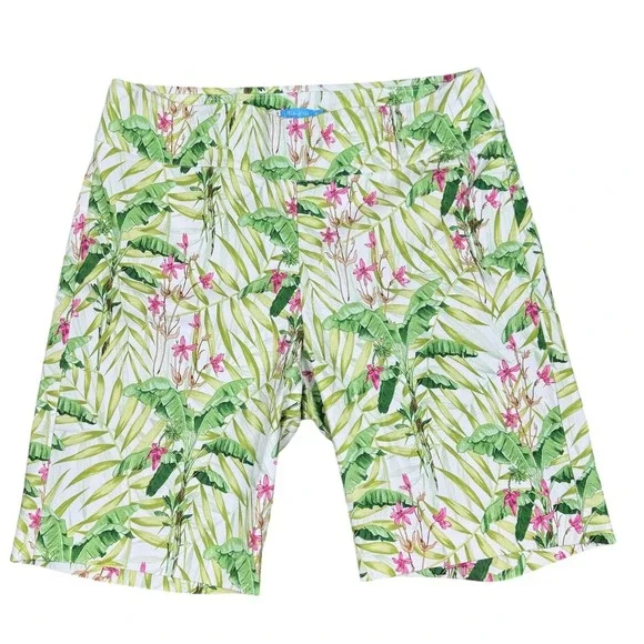 J. McLaughlin Tropical Palm Floral Bermuda Shorts Green Pink White Size 10